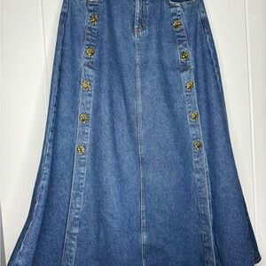 Elegant Blue Denim A-Line Skirt with Gold Accents